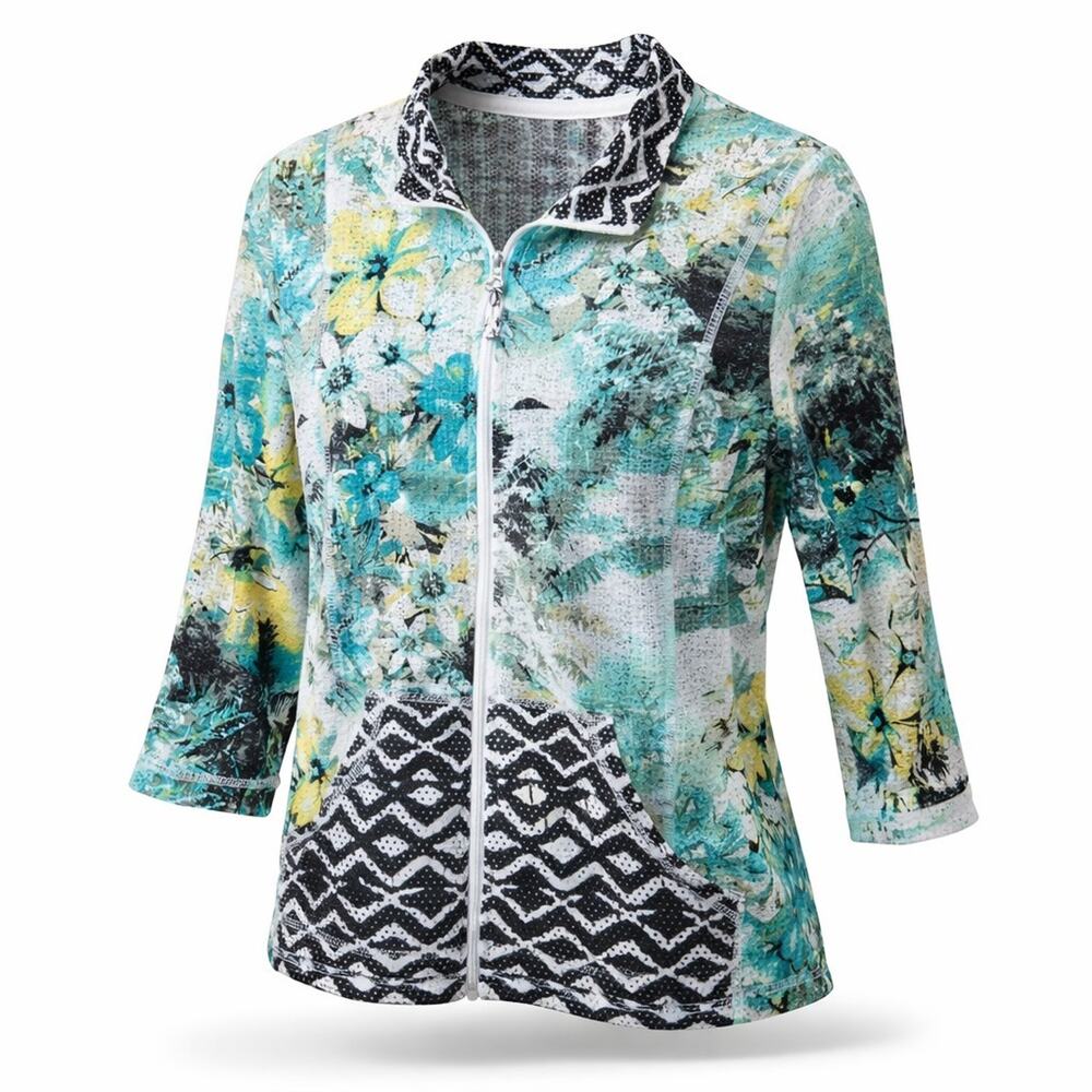 Onque Casuals Zipper Front Shirt/Jacket Small 3/4 Sleeves Textured Lightweight